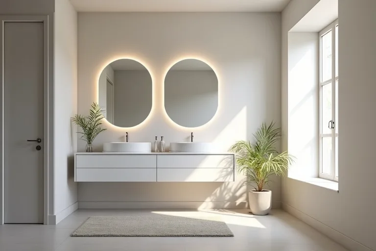 A calm bathroom renovation scene that supports careful measuring and budget planning before buying.
