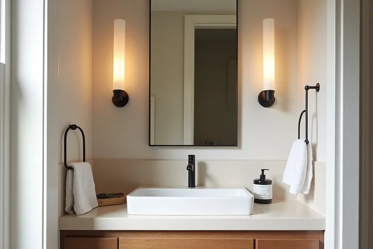 Bathroom vanity lighting focused on a mirror and countertop in a calm, practical layout.
