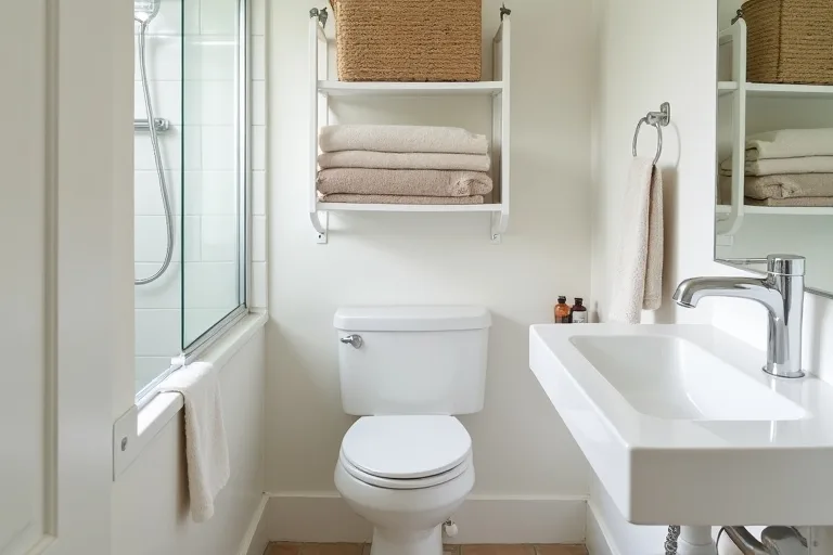 A small bathroom countertop kept clear with storage moved to the wall