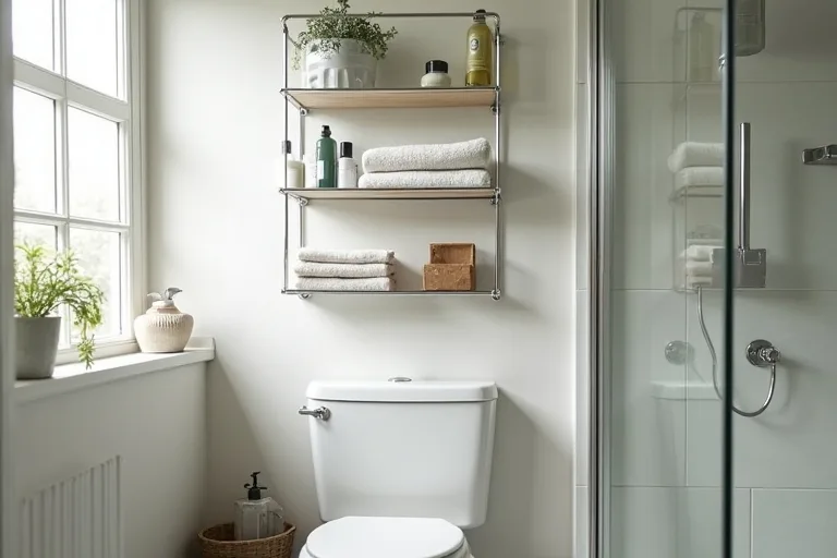 A practical small bathroom storage setup with open shelving and neatly arranged essentials.