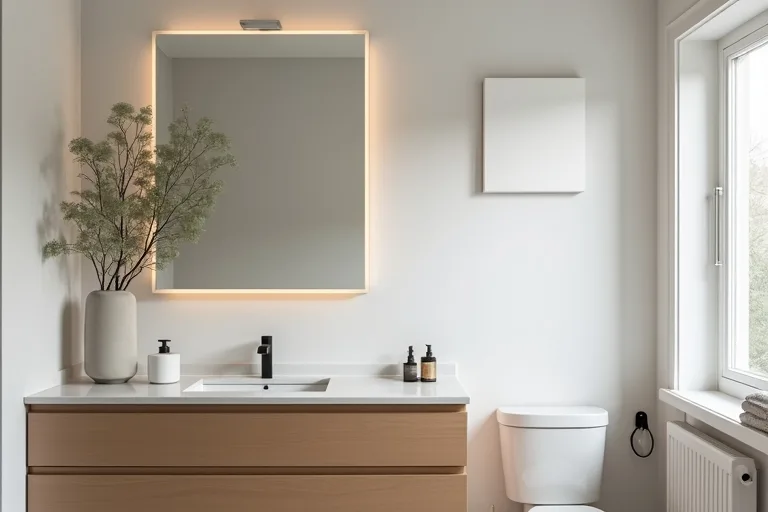 A realistic bathroom interior showing a simple mirror and practical finishes that suit a mid-range upgrade plan.