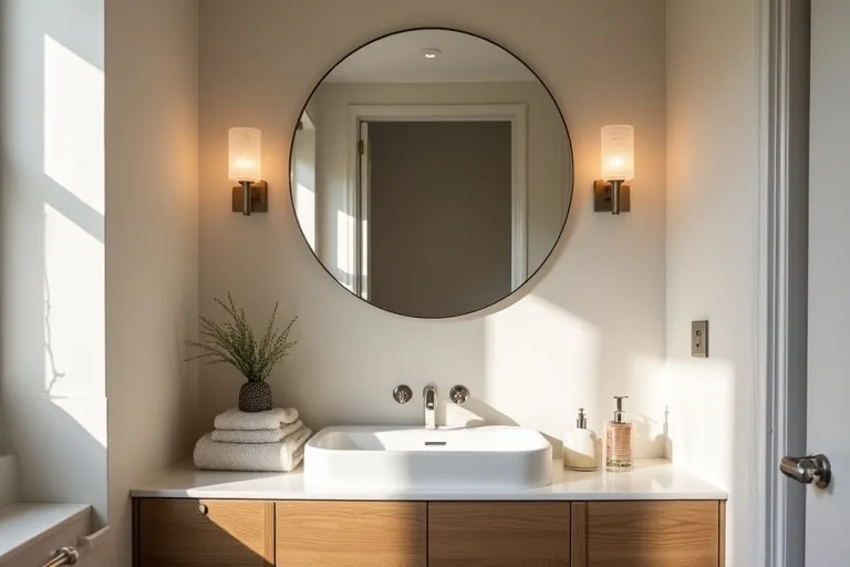 Bathroom lighting in a tidy lived-in room with a vanity mirror, ceiling light, and warm neutral finishes.
