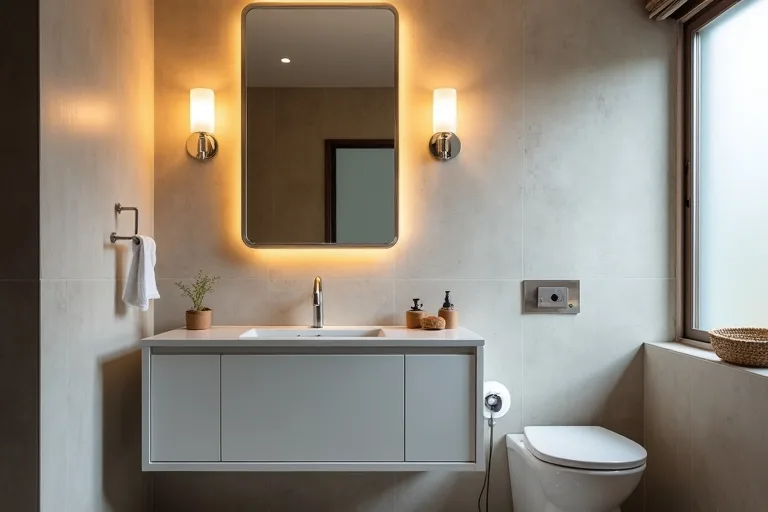 A calm modern bathroom with layered lighting beside the mirror and a warm, practical everyday feel.