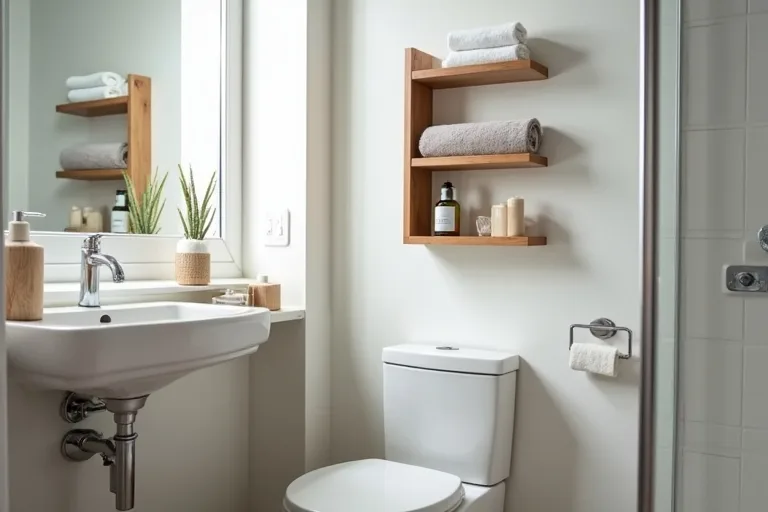 A small bathroom with practical wall-mounted shelving and neatly organized vertical storage.