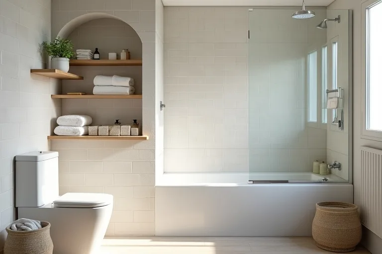Wall shelving in a small bathroom above the toilet, used to create storage without taking floor space.