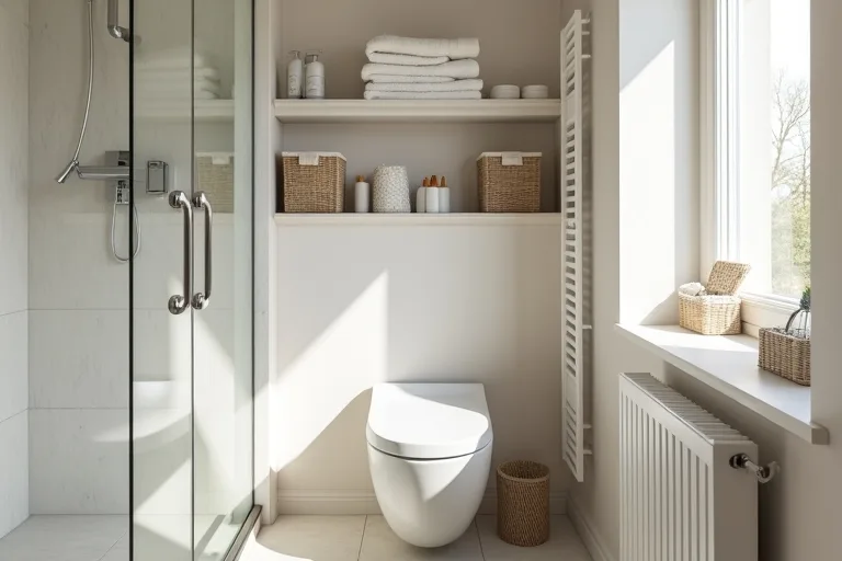 A calm, realistic bathroom with wall-mounted shelving, towels, and simple storage that feels balanced and finished.