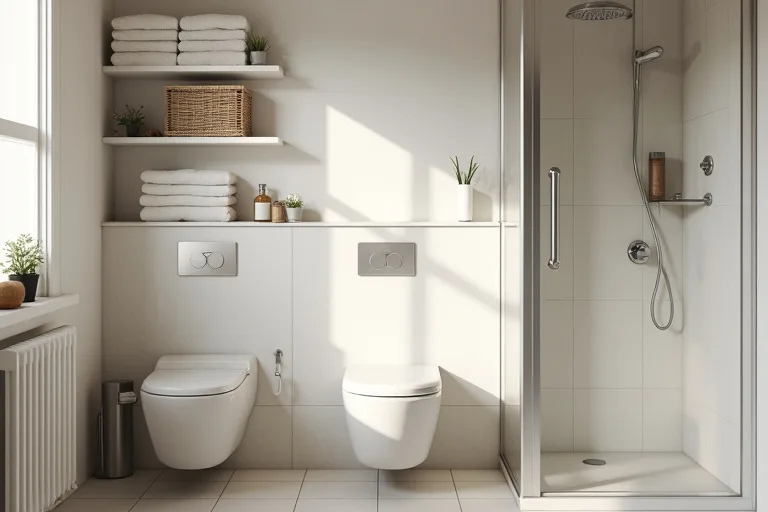 A tidy bathroom wall with compact shelving and shower storage chosen to fit the room's scale.