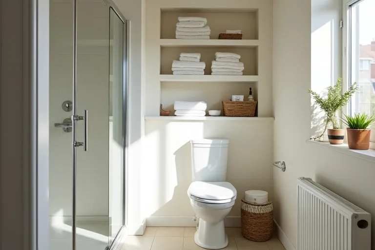 Open bathroom shelving styled with folded towels and practical containers that stay neat in a small room.