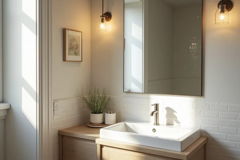 A bathroom with balanced layers of light around the mirror and vanity area.
