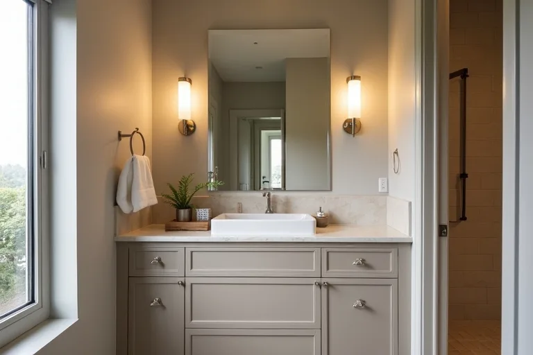 A tidy bathroom vanity with organized storage and soft layered lighting