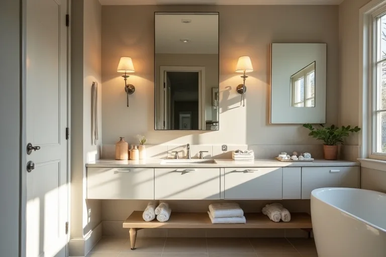 Bathroom ceiling lighting combined with mirror lighting in a simple practical layout
