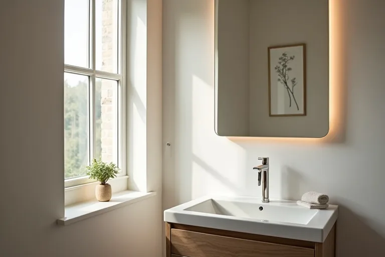 A modest bathroom interior showing how lighting choices affect the whole room, not just the vanity.