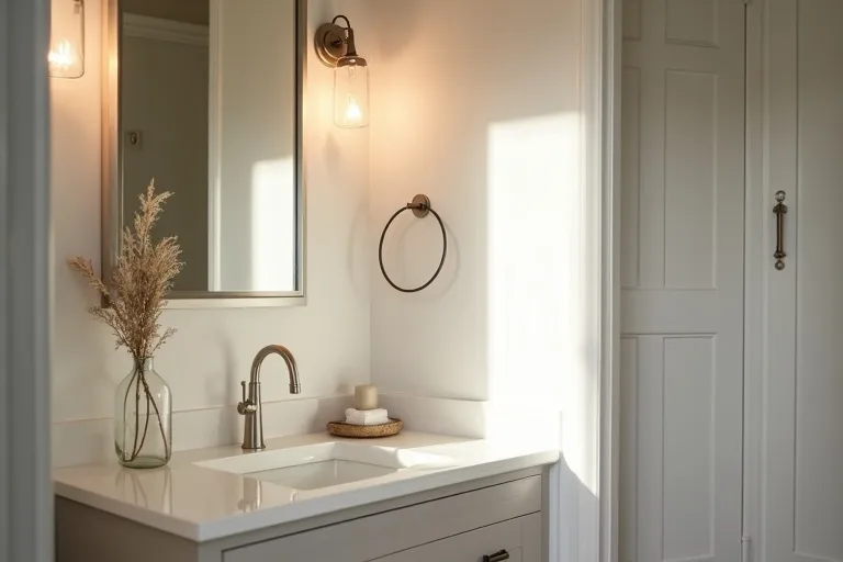 A calm bathroom vanity area showing how simple lighting and tidy surfaces improve everyday function.