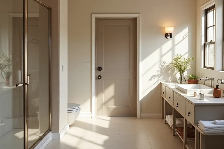 A bathroom with reflective finishes and balanced lighting that avoids harsh glare