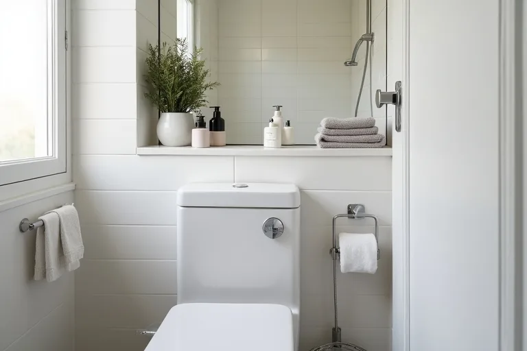A tidy bathroom counter and wall area showing how a simplified storage plan can reduce visual clutter