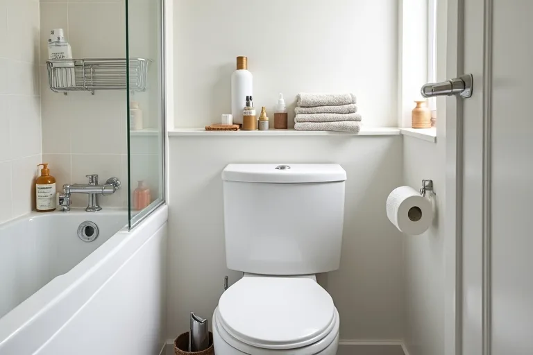 A small bathroom layout with compact storage that fits the room scale instead of overwhelming it
