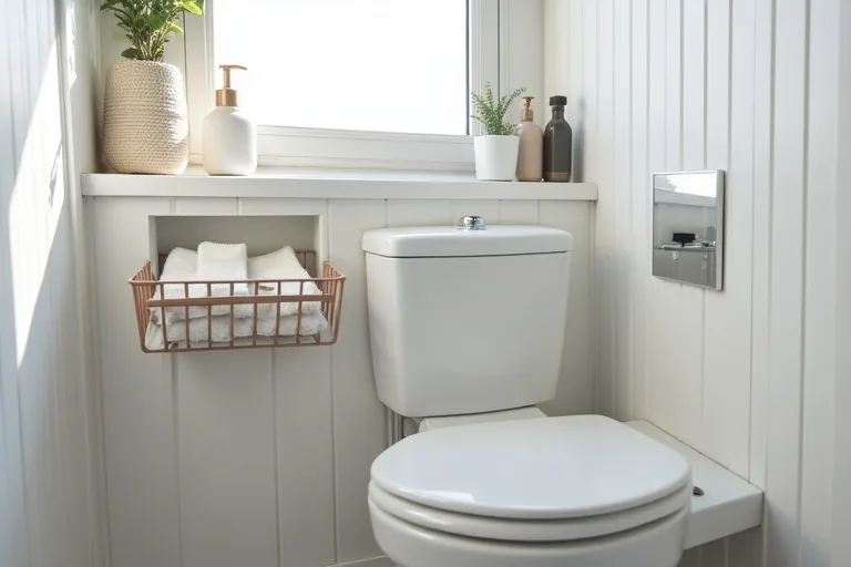 A practical bathroom shelf setup showing how open storage can stay tidy when only a few items are kept visible