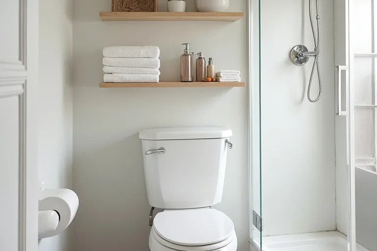 A calm small bathroom with an over-toilet storage shelf and a simple shower caddy, styled to reduce visual clutter