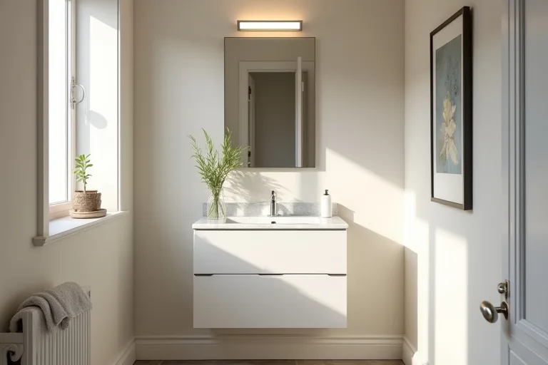A calm bathroom vanity wall showing the kind of lighting zone that affects the whole room.