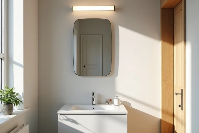 A calm, practical bathroom with a simple LED vanity light above the mirror and neutral finishes.