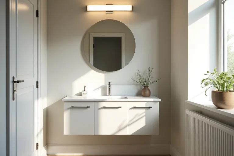 A modest bathroom vanity area with practical finishes and a simple, visible light source.