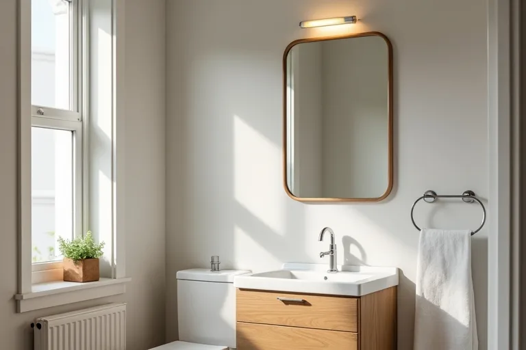 A tidy bathroom with neutral finishes that supports calm renovation planning and budget decisions.