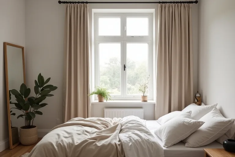 A bedroom window showing how rod placement affects curtain length