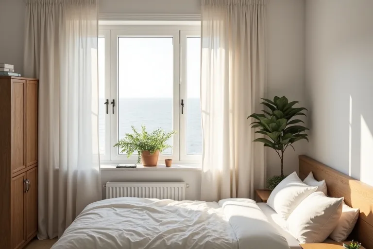 A small bedroom window styled to look taller with curtains placed wider and higher