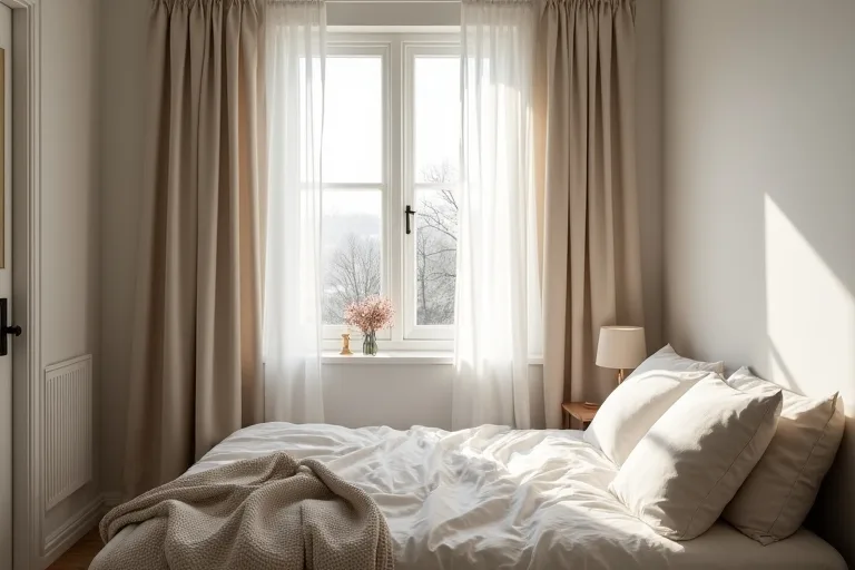 A calm bedroom with neutral curtains hung too low, making the window look shorter