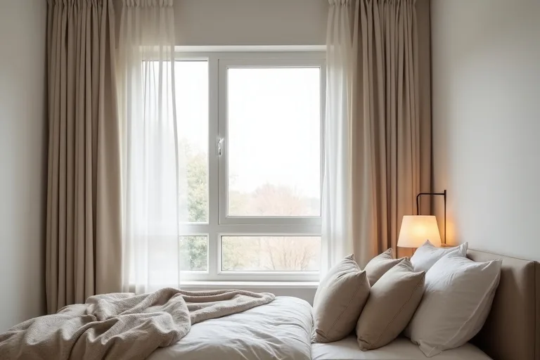 Bedroom curtains framing a window as part of the wall layout