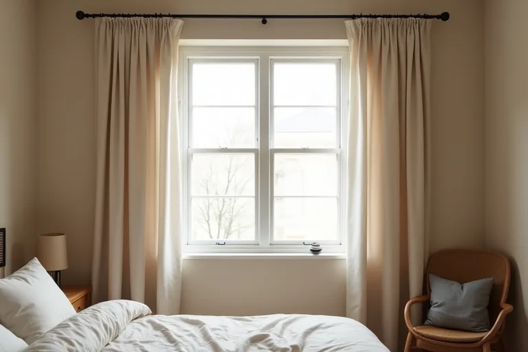 Neutral floor-length curtains softening a bedroom window in a practical, lived-in space.