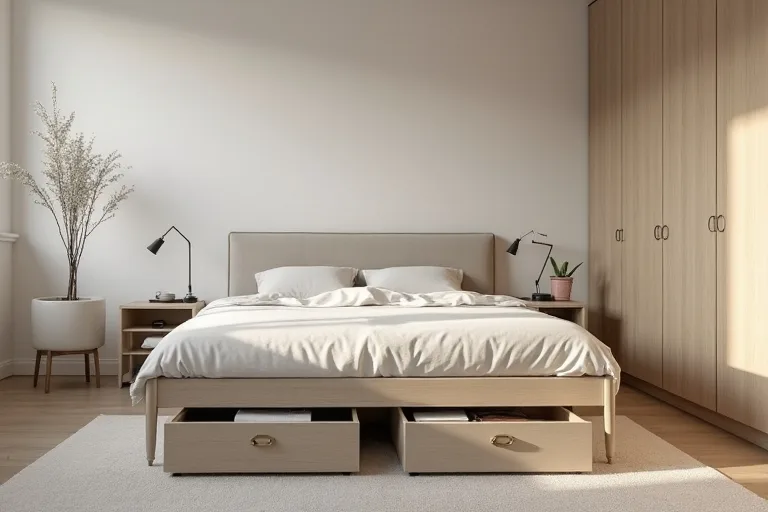A calm bedroom with practical storage ideas, including under-bed storage containers and simple built-in style storage.