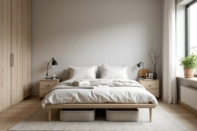 A tidy bedroom with vertical storage ideas and a calm, fitted look in the background.