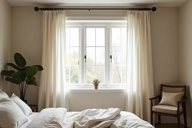 A calm bedroom with floor-length curtains and a matte black curtain rod creating a clean, custom-looking window frame.