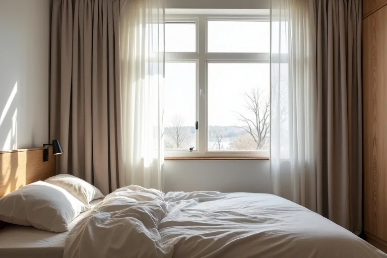 A calm bedroom scene with curtain panels and a matte black rod being measured beside a window.