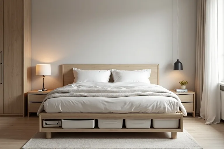 Under-bed storage containers used as a practical solution in a calm bedroom layout.