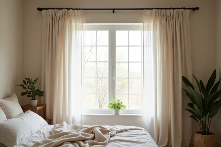 A matte black curtain rod and floor-length panels creating a cleaner, more finished bedroom window frame.