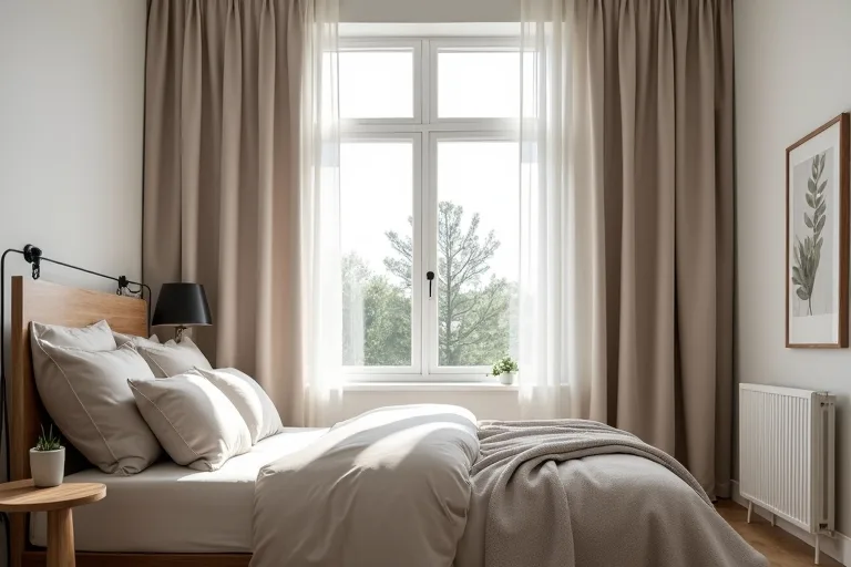 Bedroom window area with curtain panels being measured for width and placement.