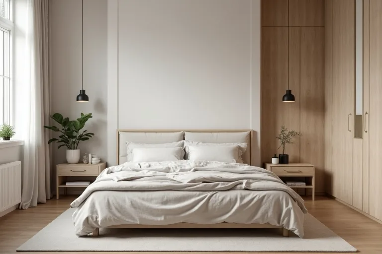A simple bedroom storage setup showing practical freestanding storage beside the bed.