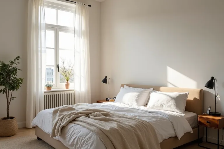 Bedroom window treatments and wall color working together to shape daylight and mood.