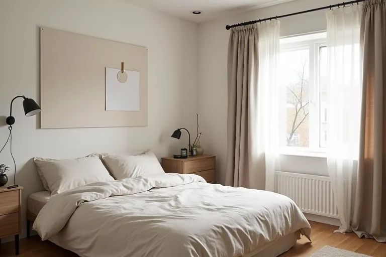 A calm bedroom with paint samples, neutral bedding, and a matte black curtain rod near the window.