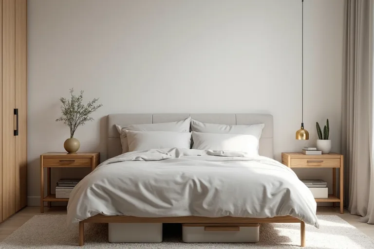 A calm bedroom with under-bed storage containers and simple nightstands in a practical, lived-in interior