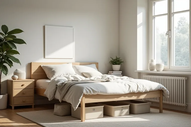 A calm bedroom with low-profile storage, tidy nightstands, and under-bed storage containers to reduce clutter.