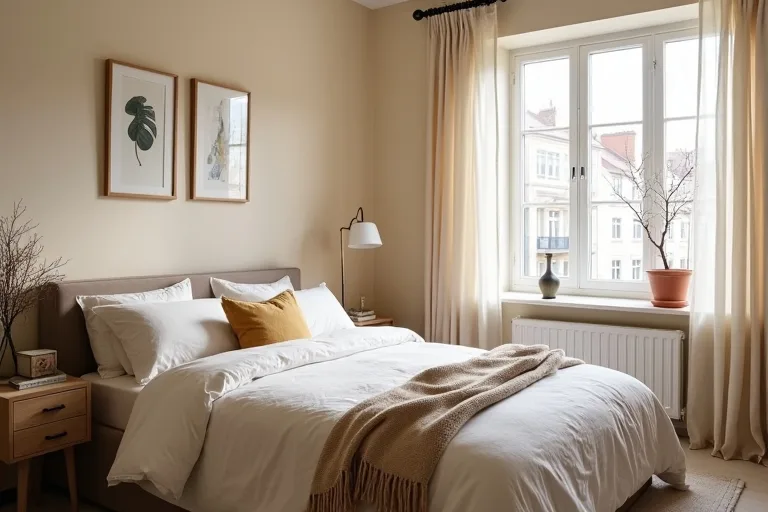 A calm bedroom with soft painted walls, natural daylight, and neatly installed window treatments.