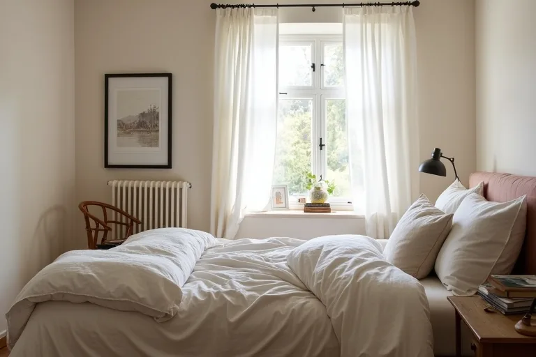 A calm bedroom with painted walls and natural light showing how color affects the room mood.