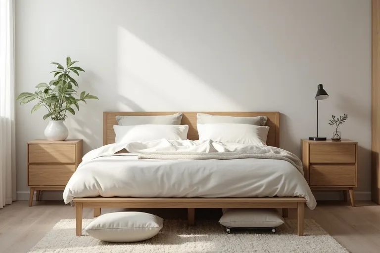 A tidy bedroom surface with restrained storage that keeps the room feeling open.