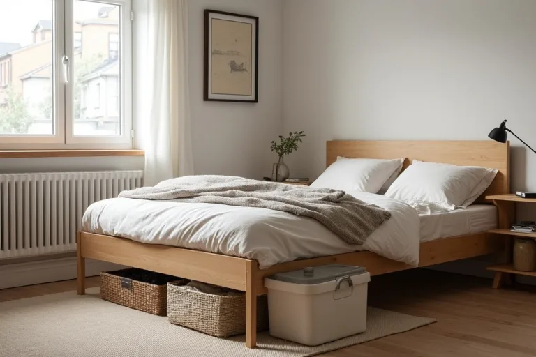 Bedroom storage grouped by daily items and seasonal items with baskets and a compact shelf.