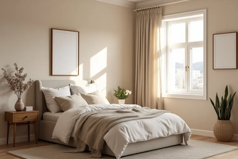 A bedroom with a painted wall being checked in natural light before painting the full room.