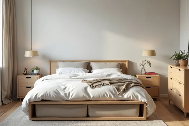 Under-bed storage used in a calm bedroom to keep everyday clutter out of sight.