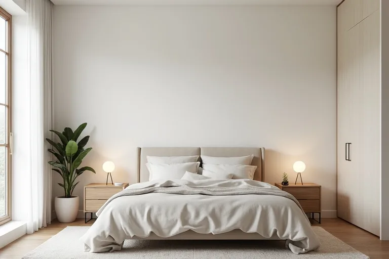 A calm minimalist bedroom with a queen upholstered bed, matching bedside table lamps, and simple neutral decor.